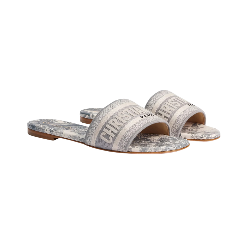 Dway Slide Gray Embroidered Cotton and Toile de Jouy Motif