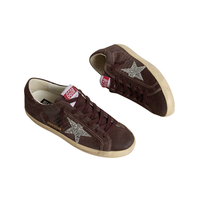 Golden Goose Super-Star in brown suede with silver glitter star(Women's)