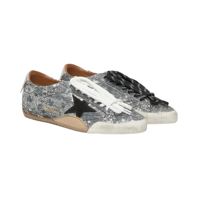 Golden Goose True-Star in silver sequins with black star and silver leather heel tab(Women's)