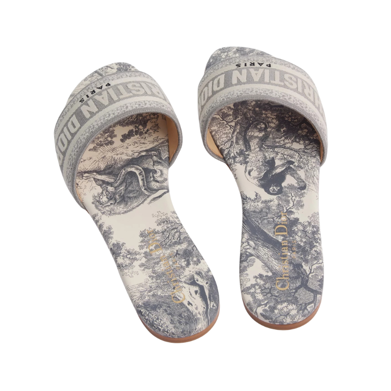 Dway Slide Gray Embroidered Cotton and Toile de Jouy Motif